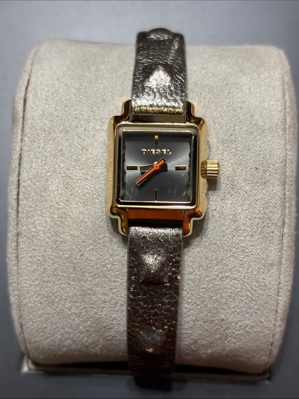 Diesel Gold-Tone Square Watch with Metallic Pewter Strap and Orange Accent